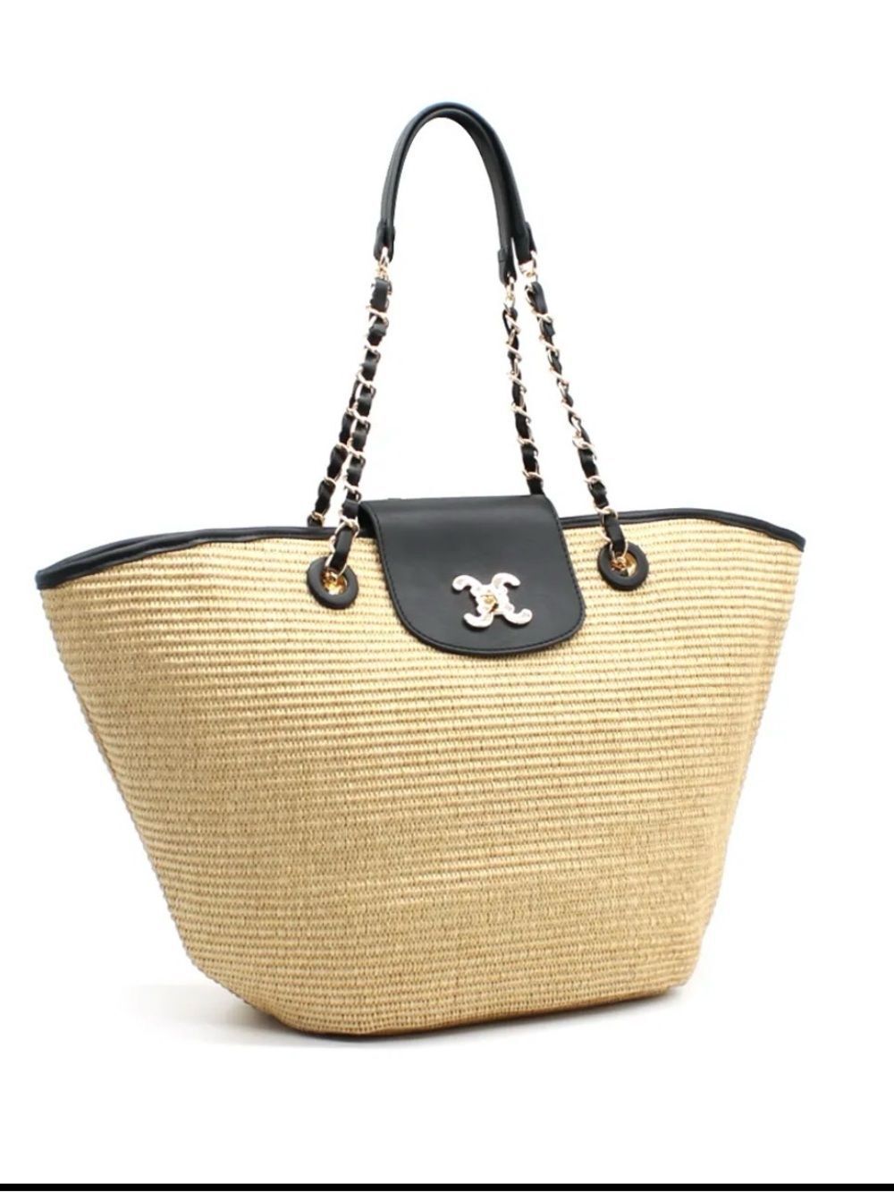 LAST ONE- NEW Woven Straw Tote with Black Vegan Leather & Chain Strap From Paris - Picture 2 of 2